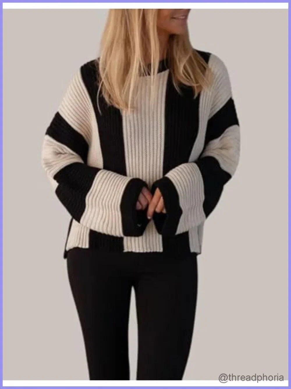 Womens Striped Bell Sleeve Pullover Sweater Loose Color Block Crew Neck Knit